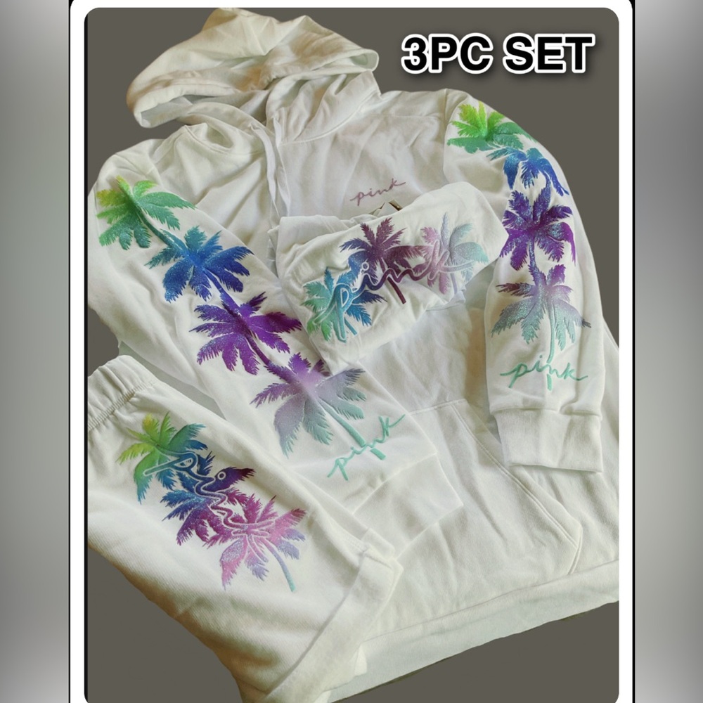 NEW LOT 3 VICTORIAS SECRET PINK BLING PALM TREE HOODIE, SHORTS & TEE SHIRT LARGE - Picture 2 of 16